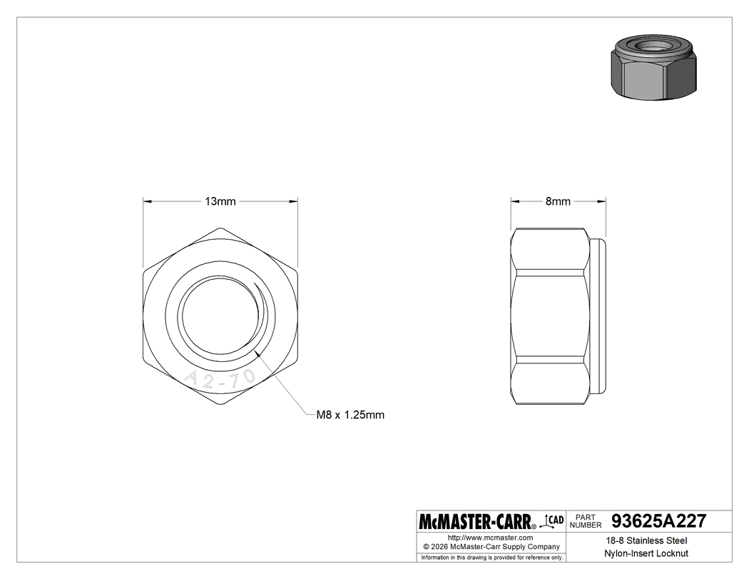 Technical Drawing of 18-8 Stainless Steel Nylon-Insert Locknut, Black-Oxide, M8 x 1.25 Thread.